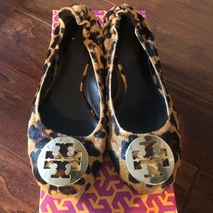 Tory Burch Reva Leopard Flats Calf Hair Size 7.5